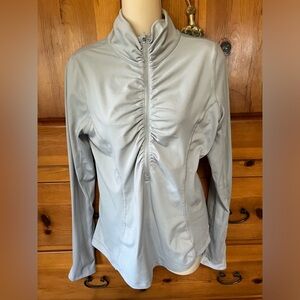 Beautiful Ice Grey Ruched Zippered Long Sleeve Top Stretchy with Thumb Holes